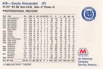 1989 Marathon Detroit Tigers #19 Doyle Alexander Back