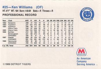 1989 Marathon Detroit Tigers #25 Ken Williams Back