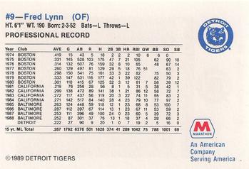 1989 Marathon Detroit Tigers #9 Fred Lynn Back