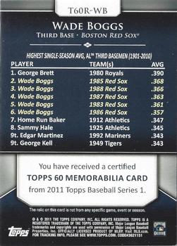 2011 Topps - Topps 60 Relics #T60R-WB Wade Boggs Back