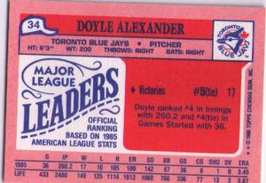 1986 Topps Major League Leaders Minis #34 Doyle Alexander Back