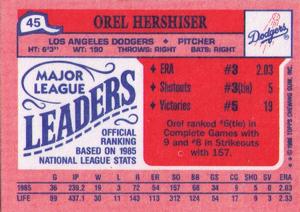 1986 Topps Major League Leaders Minis #45 Orel Hershiser Back