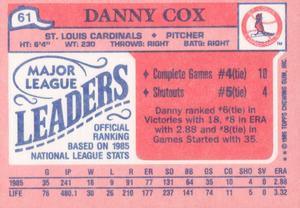 1986 Topps Major League Leaders Minis #61 Danny Cox Back