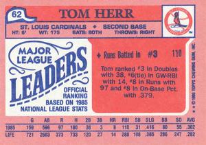 1986 Topps Major League Leaders Minis #62 Tom Herr Back