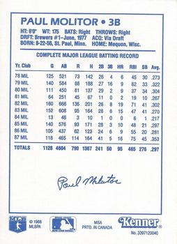 1988 Kenner Starting Lineup Cards #3397120040 Paul Molitor Back