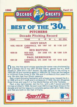 1986 Sportflics Decade Greats #14 Best '30s Pitchers (Dizzy Dean / Red Ruffing / Paul Derringer) Back