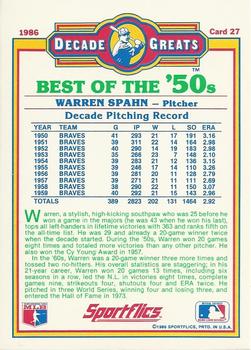 1986 Sportflics Decade Greats #27 Warren Spahn Back