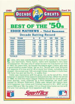 1986 Sportflics Decade Greats #34 Eddie Mathews Back