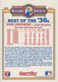 1986 Sportflics Decade Greats #4 Hank Greenberg Back