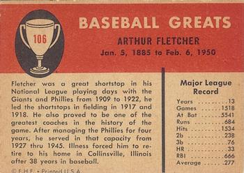 1961 Fleer Baseball Greats (F418-3) #106 Art Fletcher Back