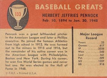 1961 Fleer Baseball Greats (F418-3) #133 Herb Pennock Back