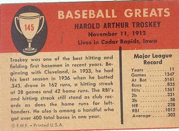 1961 Fleer Baseball Greats (F418-3) #145 Hal Trosky Back