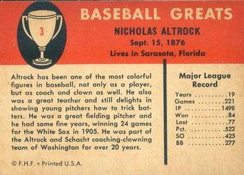 1961 Fleer Baseball Greats (F418-3) #3 Nick Altrock Back
