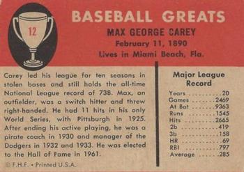 1961 Fleer Baseball Greats (F418-3) #12 Max Carey Back