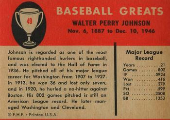 1961 Fleer Baseball Greats (F418-3) #49 Walter Johnson Back