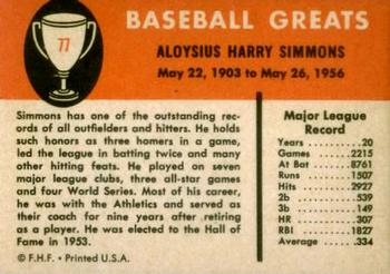 1961 Fleer Baseball Greats (F418-3) #77 Al Simmons Back