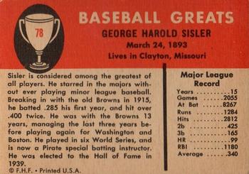 1961 Fleer Baseball Greats (F418-3) #78 George Sisler Back