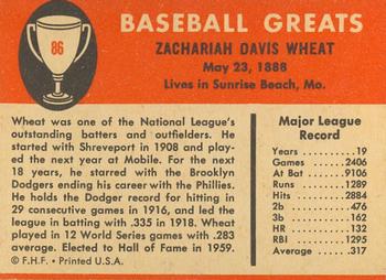 1961 Fleer Baseball Greats (F418-3) #86 Zack Wheat Back