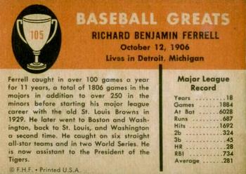 1961 Fleer Baseball Greats (F418-3) #105 Rick Ferrell Back