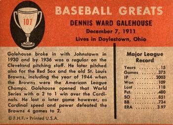 1961 Fleer Baseball Greats (F418-3) #107 Dennis Galehouse Back