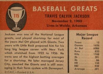 1961 Fleer Baseball Greats (F418-3) #115 Travis Jackson Back