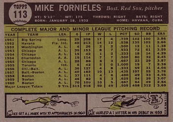 1961 Topps #113 Mike Fornieles Back