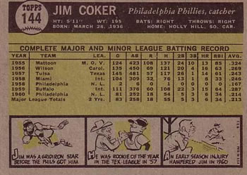 1961 Topps #144 Jim Coker Back
