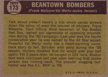 1961 Topps #173 Beantown Bombers (Jackie Jensen / Frank Malzone / Vic Wertz) Back