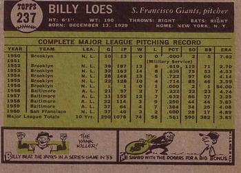 1961 Topps #237 Billy Loes Back
