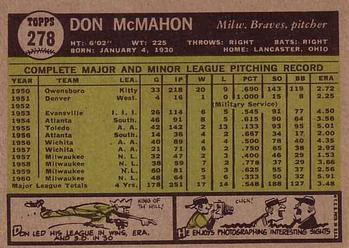 1961 Topps #278 Don McMahon Back
