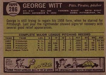 1961 Topps #286 George Witt Back