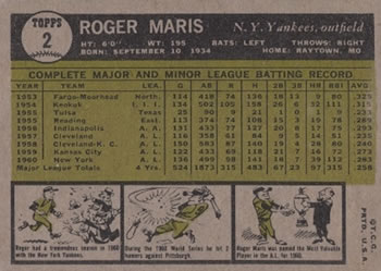 1961 Topps #2 Roger Maris Back