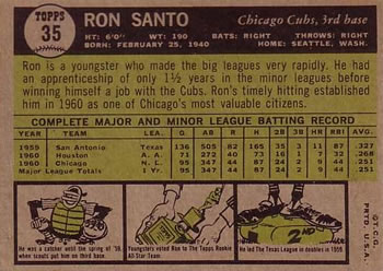 1961 Topps #35 Ron Santo Back