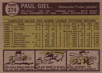 1961 Topps #374 Paul Giel Back