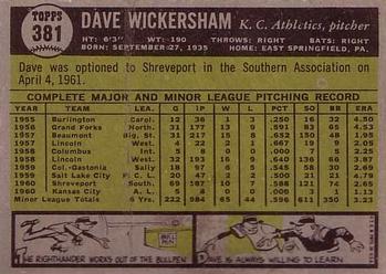 1961 Topps #381 Dave Wickersham Back