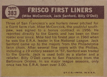 1961 Topps #383 Frisco First Liners (Mike McCormick / Billy O'Dell / Jack Sanford) Back