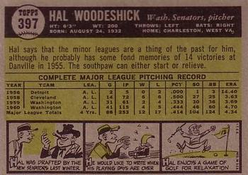 1961 Topps #397 Hal Woodeshick Back