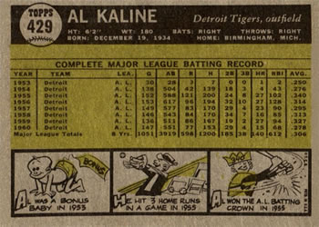 1961 Topps #429 Al Kaline Back