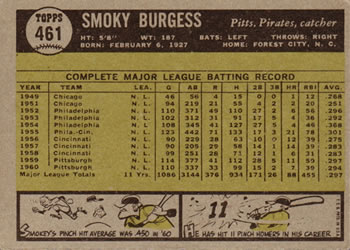 1961 Topps #461 Smoky Burgess Back
