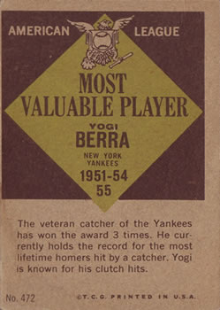 1961 Topps #472 Yogi Berra Back