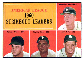 1961 Topps #50 American League 1960 Strikeout Leaders (Jim Bunning / Pedro Ramos / Early Wynn / Frank Lary) Front