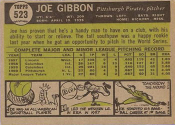 1961 Topps #523 Joe Gibbon Back