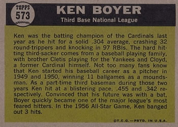 1961 Topps #573 Ken Boyer Back