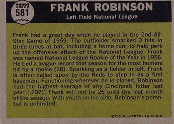 1961 Topps #581 Frank Robinson Back