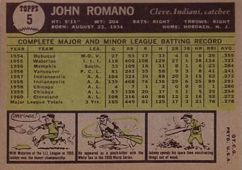1961 Topps #5 Johnny Romano Back