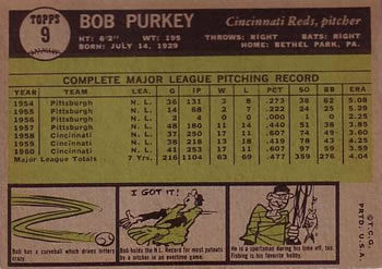 1961 Topps #9 Bob Purkey Back