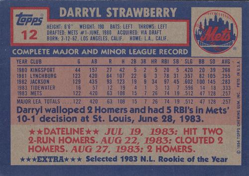 1984 Topps Super #12 Darryl Strawberry Back
