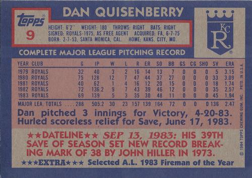 1984 Topps Super #9 Dan Quisenberry Back
