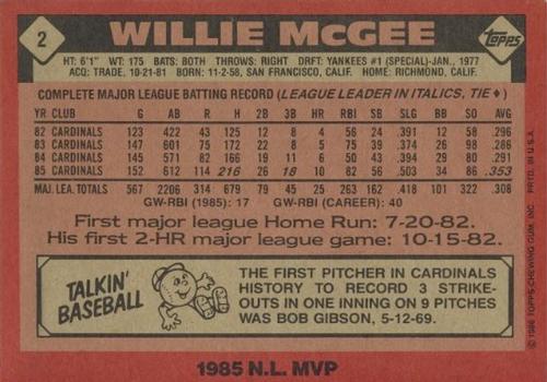 1986 Topps Super #2 Willie McGee Back