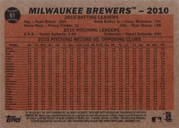 2011 Topps Heritage #61 Milwaukee Brewers Back